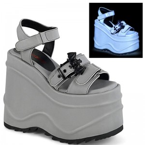 Demonia Wave 13 - Wedge Platform Hook & Loop Ankle Strap Women Sandals Grey USA | TF1-89598S4