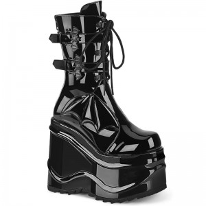 Demonia Wave 150 - Wedge Platform Lace Up Women Mid-Calf Boots Black / Black USA | VJ0-81408W7