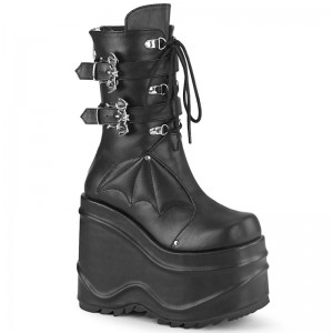 Demonia Wave 150 - Wedge Platform Lace Up Women Mid-Calf Boots Black USA | YZ1-40914S3