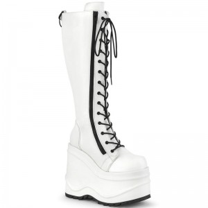 Demonia Wave 200 - Wedge Platform Lace Up Women Knee-High Boots White USA | EF4-86788C9