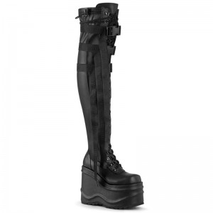 Demonia Wave 315 - Wedge Platform Lace Up Stretch Women Over-The-Knee Boots Black USA | IA1-93189C0