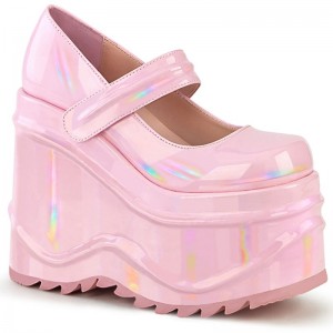 Demonia Wave 32 - Wedge Platform Women Mary Janes Pink USA | PL7-61356C9