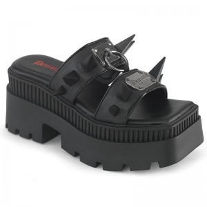 Demonia Wrath 13 - Chunky Heel Square-Toe Platform Double Strap Slide Women Sandals Black USA | ZX5-53325G4