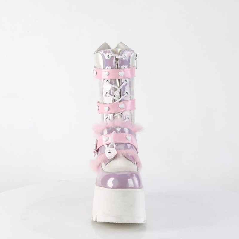 Demonia Ashes 120 - Chunky Heel Cut-Out Platform Heart Eyelet Lace Up Women Mid-Calf Boots Pink / Lavender USA | OA4-39183O9