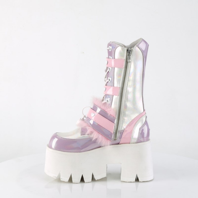 Demonia Ashes 120 - Chunky Heel Cut-Out Platform Heart Eyelet Lace Up Women Mid-Calf Boots Pink / Lavender USA | OA4-39183O9