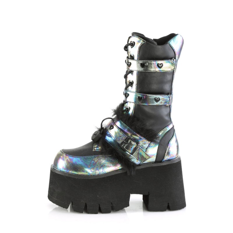 Demonia Ashes 120 - Chunky Heel Cut-Out Platform Heart Eyelet Lace Up Women Mid-Calf Boots Black / Green Multicolor USA | QW2-76057Y2