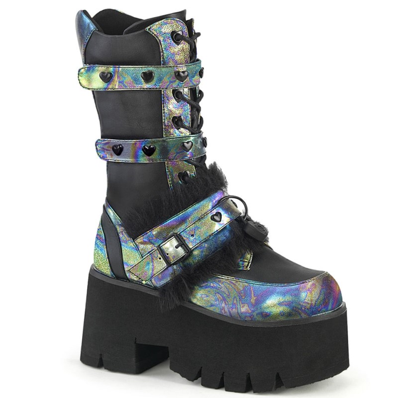 Demonia Ashes 120 - Chunky Heel Cut-Out Platform Heart Eyelet Lace Up Women Mid-Calf Boots Black / Green Multicolor USA | QW2-76057Y2