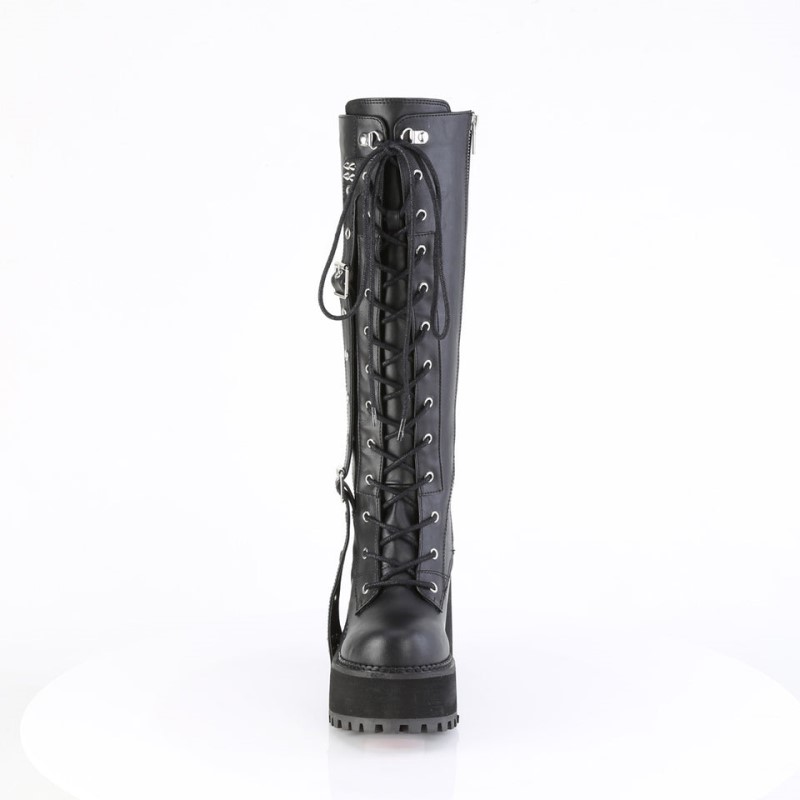 Demonia Assault 218 - Heel Cleated Platform Lace Up Women Knee-High Boots Black USA | RJ6-86118M6