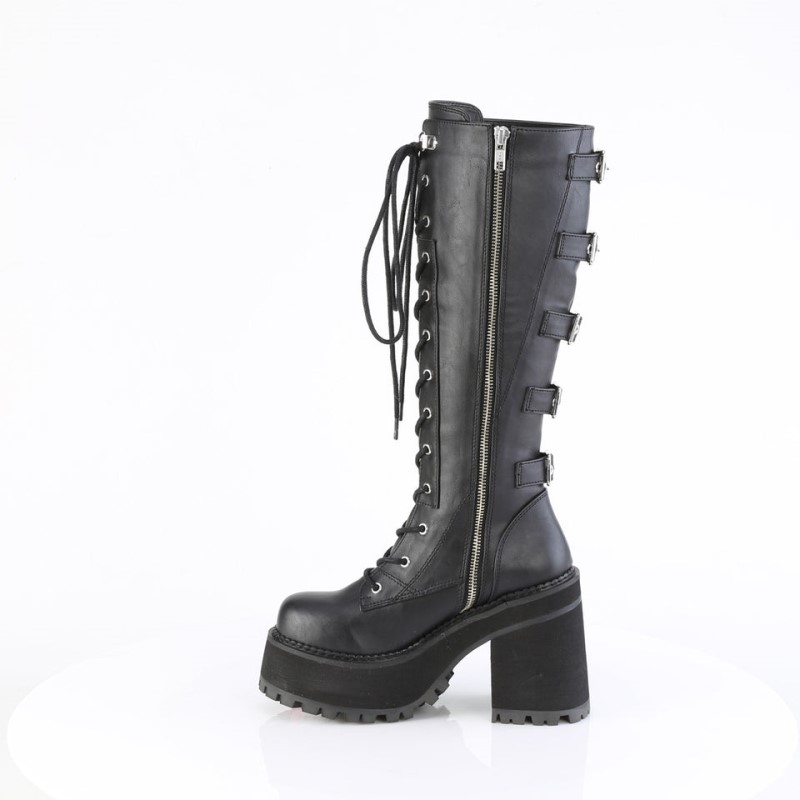 Demonia Assault 218 - Heel Cleated Platform Lace Up Women Knee-High Boots Black USA | RJ6-86118M6