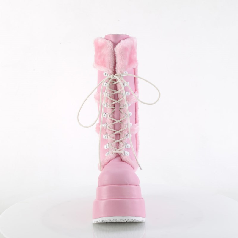 Demonia Bear 202 - Tiered Platform Lace Up Women Mid-Calf Boots Pink USA | DV7-58245X3