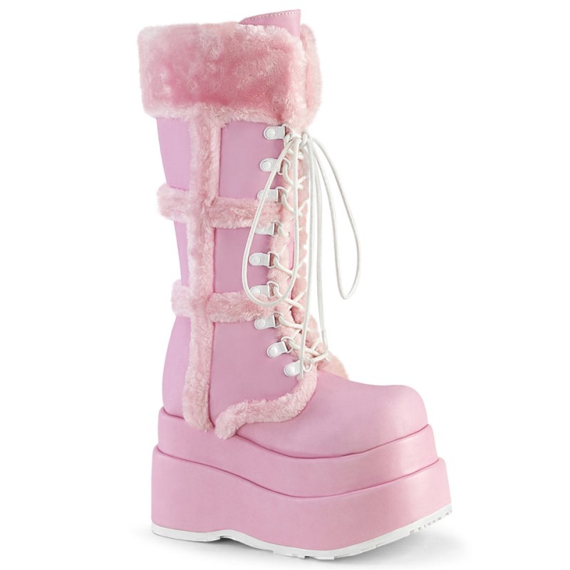 Demonia Bear 202 - Tiered Platform Lace Up Women Mid-Calf Boots Pink USA | DV7-58245X3