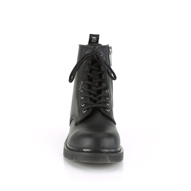 Demonia Bolt 100 - Stacked Flat Heel 8-Eyelet Lace Up Vegan Women Mid-Calf Boots Black USA | QN1-81638W3