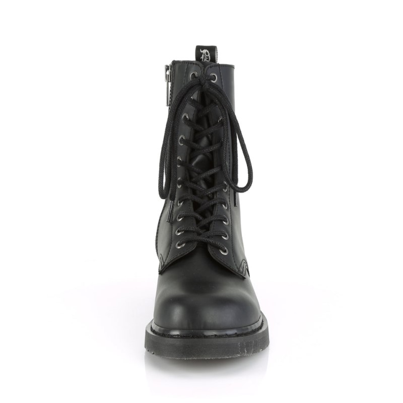 Demonia Bolt 200 - Stacked Flat Heel 10-Eyelet Lace Up Vegan Women Mid-Calf Boots Black USA | ZV6-53465D7