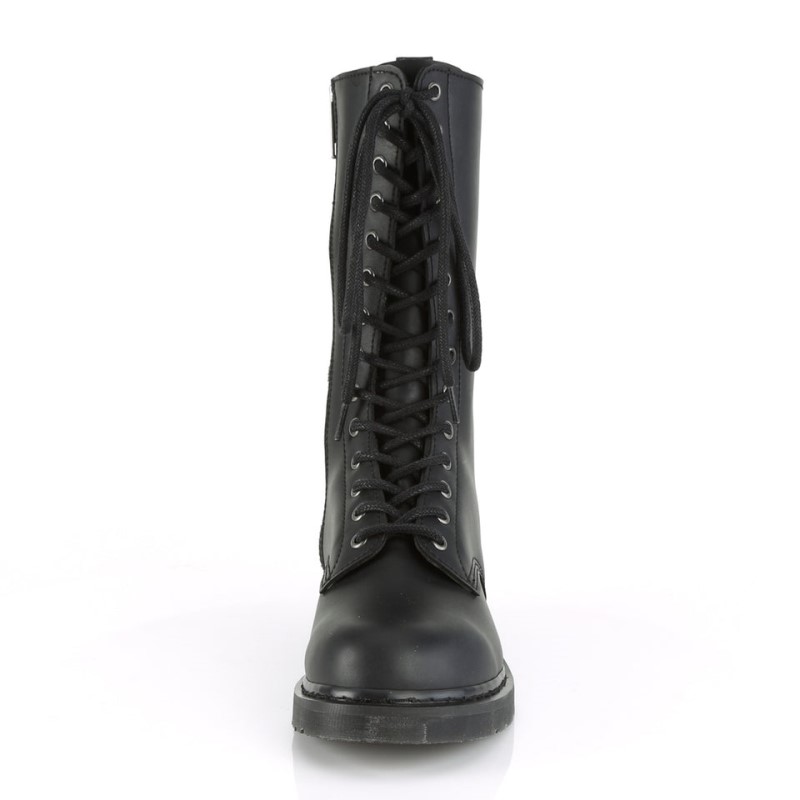 Demonia Bolt 300 - Stacked Flat Heel 14-Eyelet Lace Up Vegan Women Mid-Calf Boots Black USA | HS6-77747D8