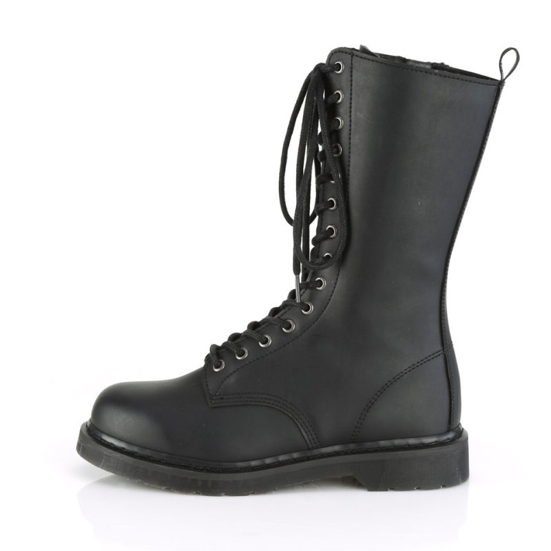 Demonia Bolt 300 - Stacked Flat Heel 14-Eyelet Lace Up Vegan Women Mid-Calf Boots Black USA | HS6-77747D8