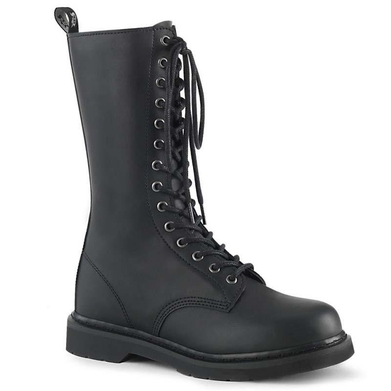 Demonia Bolt 300 - Stacked Flat Heel 14-Eyelet Lace Up Vegan Women Mid-Calf Boots Black USA | HS6-77747D8