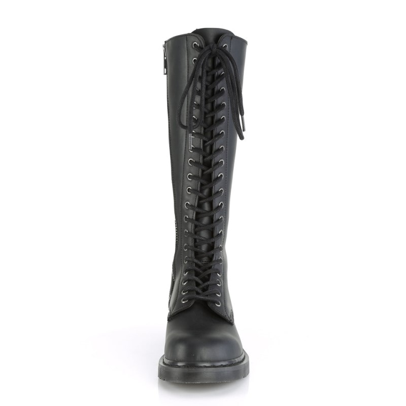 Demonia Bolt 400 - Stacked Flat Heel 20-Eyelet Lace Up Vegan Women Knee-High Boots Black USA | YU0-31083J5