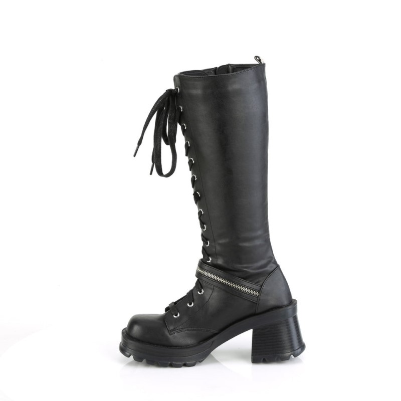 Demonia Bratty 206 - Chunky Heel Platform Lace Up Women Knee-High Boots Black USA | RT4-42324P6