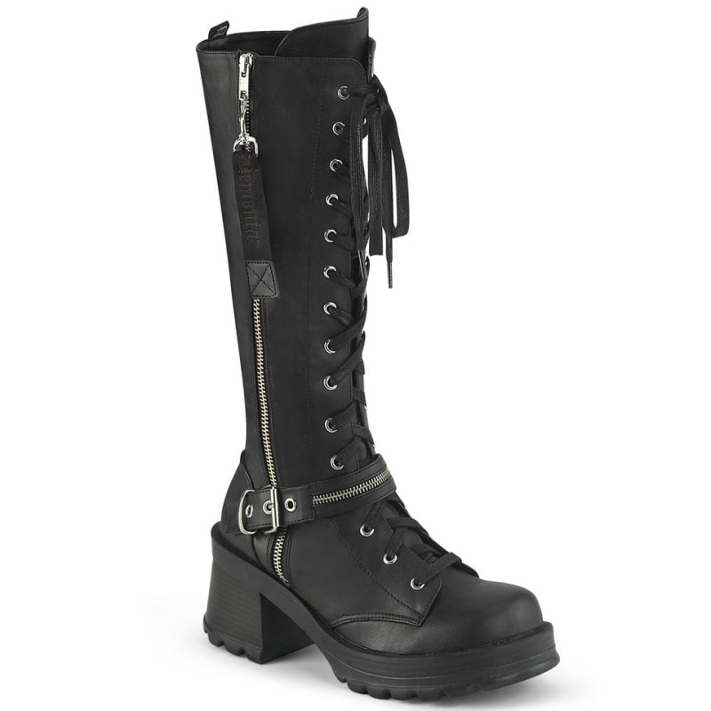 Demonia Bratty 206 - Chunky Heel Platform Lace Up Women Knee-High Boots Black USA | RT4-42324P6