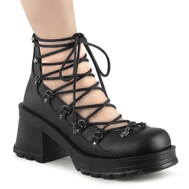 Demonia Bratty 32 - Heel Platform D-Ring Lace Up Ankle High Women Sandals Black USA | BD3-82688I2