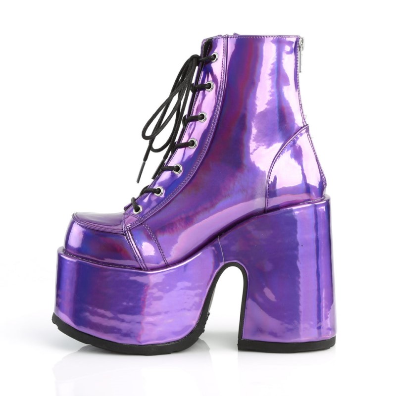 Demonia Camel 203 - Chunky Heel Platform Lace Up Women Ankle Boots Purple USA | LM6-08590C2