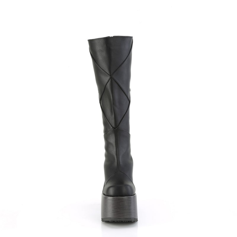 Demonia Camel 280 - Heel Faux Wood Wrapped Platform Patchwood Women Knee-High Boots Black USA | EC1-18391U8