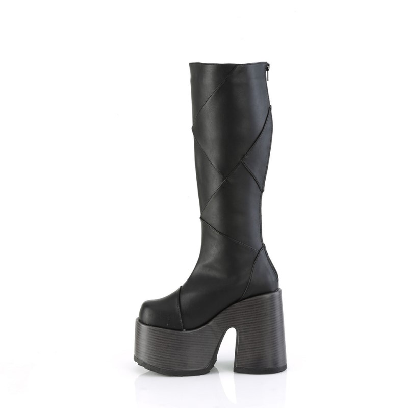 Demonia Camel 280 - Heel Faux Wood Wrapped Platform Patchwood Women Knee-High Boots Black USA | EC1-18391U8