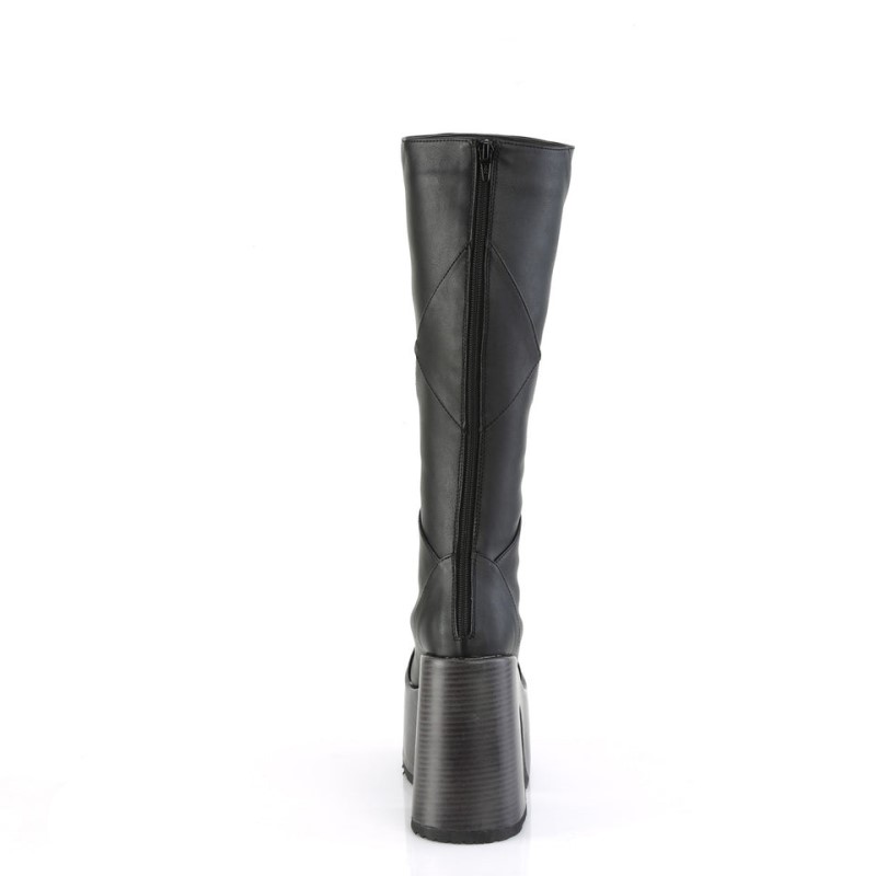 Demonia Camel 280 - Heel Faux Wood Wrapped Platform Patchwood Women Knee-High Boots Black USA | EC1-18391U8