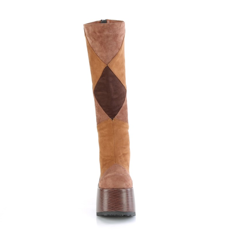 Demonia Camel 280 - Heel Faux Wood Wrapped Platform Patchwood Women Knee-High Boots Brown Multicolor USA | OS5-45724Z5