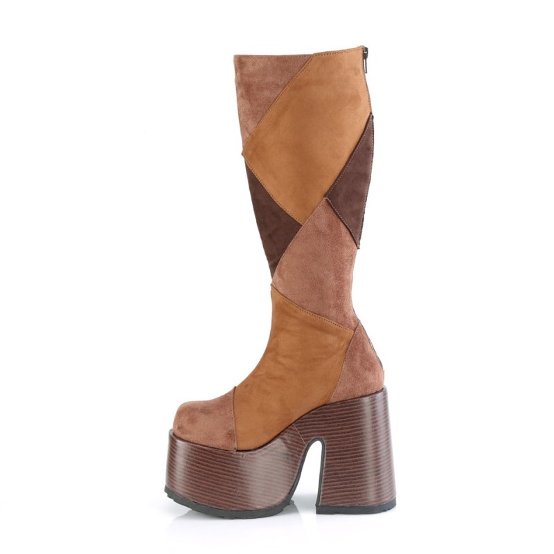 Demonia Camel 280 - Heel Faux Wood Wrapped Platform Patchwood Women Knee-High Boots Brown Multicolor USA | OS5-45724Z5