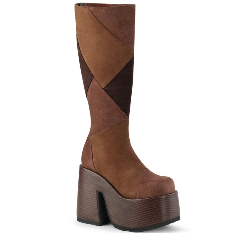 Demonia Camel 280 - Heel Faux Wood Wrapped Platform Patchwood Women Knee-High Boots Brown Multicolor USA | OS5-45724Z5