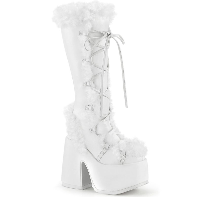 Demonia Camel 311 - Heel Platform Lace Up Women Knee-High Boots White USA | CZ0-34633H6