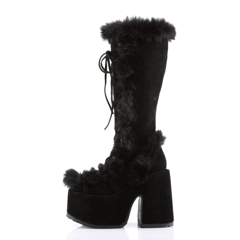 Demonia Camel 311 - Platform Faux Fur Lining and Upper Detail Women Knee-High Boots Black USA | SM8-83298E9