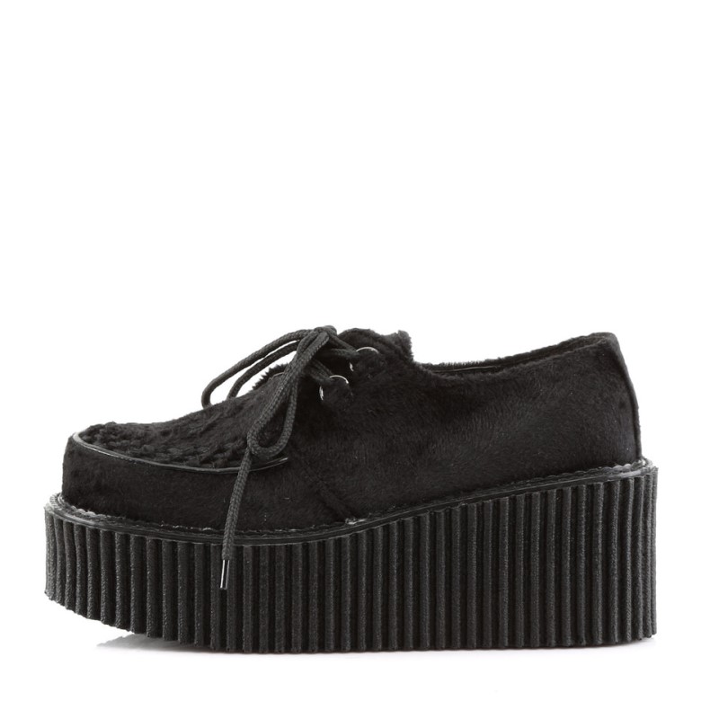 Demonia Creeper 202 - Platform Goth Punk Rockabilly Fur Women Creepers Black USA | FF3-69126F4