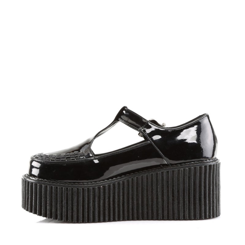 Demonia Creeper 214 - Platform T-Strap Women Creepers Black USA | OT2-60856F4