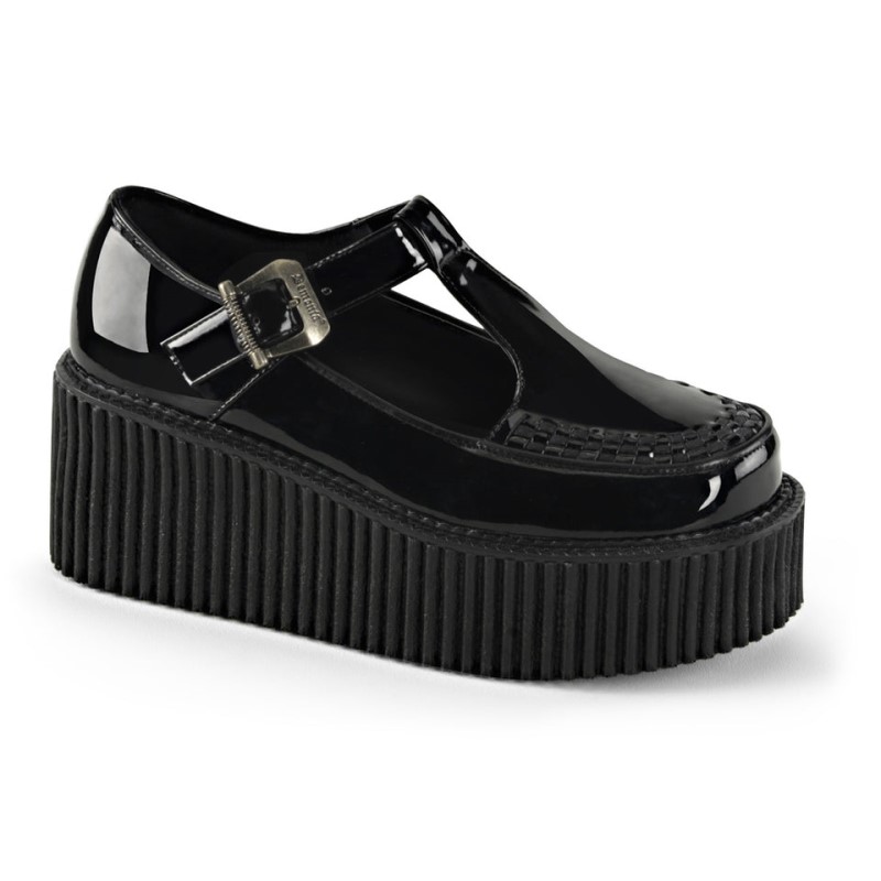 Demonia Creeper 214 - Platform T-Strap Women Creepers Black USA | OT2-60856F4