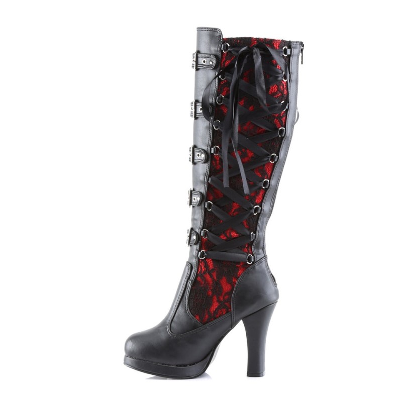 Demonia Crypto 106 - Heel Platform Goth Punk Lolita Corseted 5 Buckle Women Knee-High Boots Black / Red USA | FF0-94479R8