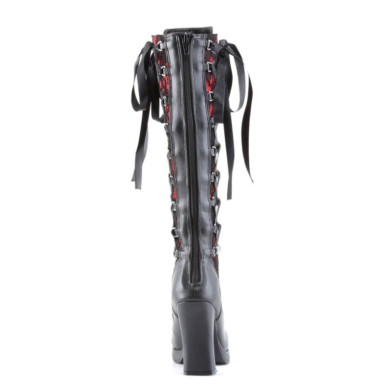 Demonia Crypto 106 - Heel Platform Goth Punk Lolita Corseted 5 Buckle Women Knee-High Boots Black / Red USA | FF0-94479R8