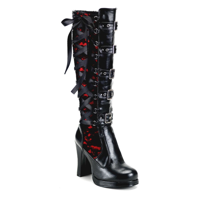 Demonia Crypto 106 - Heel Platform Goth Punk Lolita Corseted 5 Buckle Women Knee-High Boots Black / Red USA | FF0-94479R8