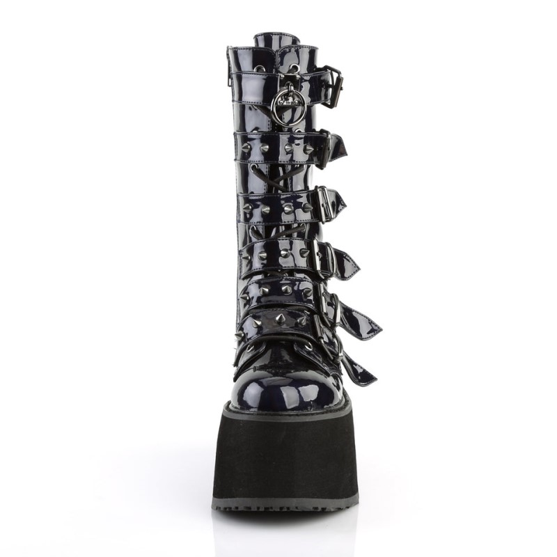 Demonia Damned 225 - Platform Lace Up Women Mid-Calf Boots Black / Black USA | OF7-43624G6