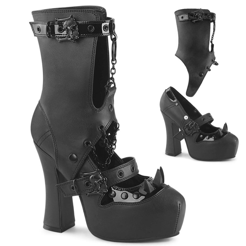 Demonia Demon 13 - Heel Concealed Platform Rubber Spiked Skull Buckled Mary Jane Women Pumps Black USA | VZ7-48324S2