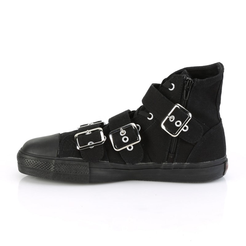 Demonia Deviant 109 - Canvas 3 Buckle Strap High Top Men Sneakers Black USA | BE9-96469Z9