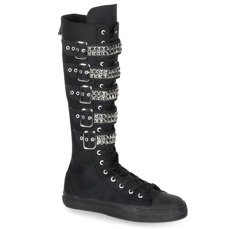 Demonia Deviant 304 - Canvas 5 Buckle Strap Knee Boot Women Sneakers Black USA | WP5-43704H2