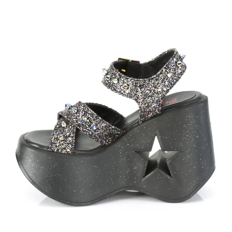 Demonia Dynamite 02 - Star Cutout Ankle Criss Cross Strap Platform Wedge Women Sandals Black Multicolor USA | LQ3-74307X6