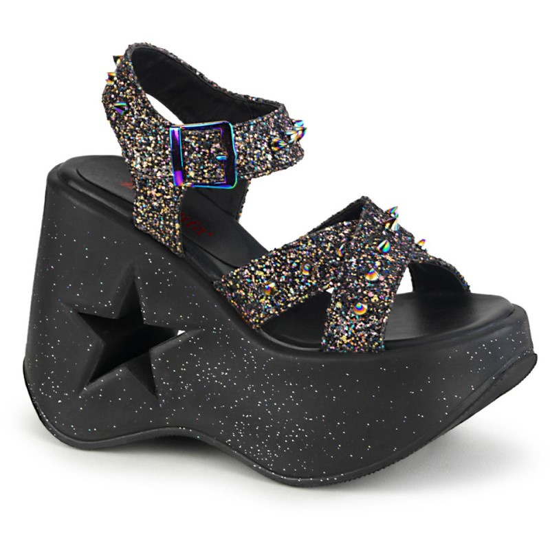 Demonia Dynamite 02 - Star Cutout Ankle Criss Cross Strap Platform Wedge Women Sandals Black Multicolor USA | LQ3-74307X6