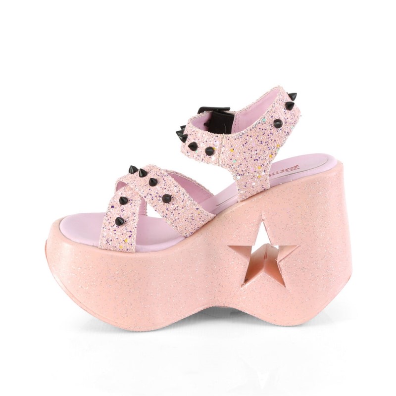 Demonia Dynamite 02 - Star Cutout Platform Wedge Criss Cross Ankle Strap Women Sandals Pink USA | YW0-65186E9