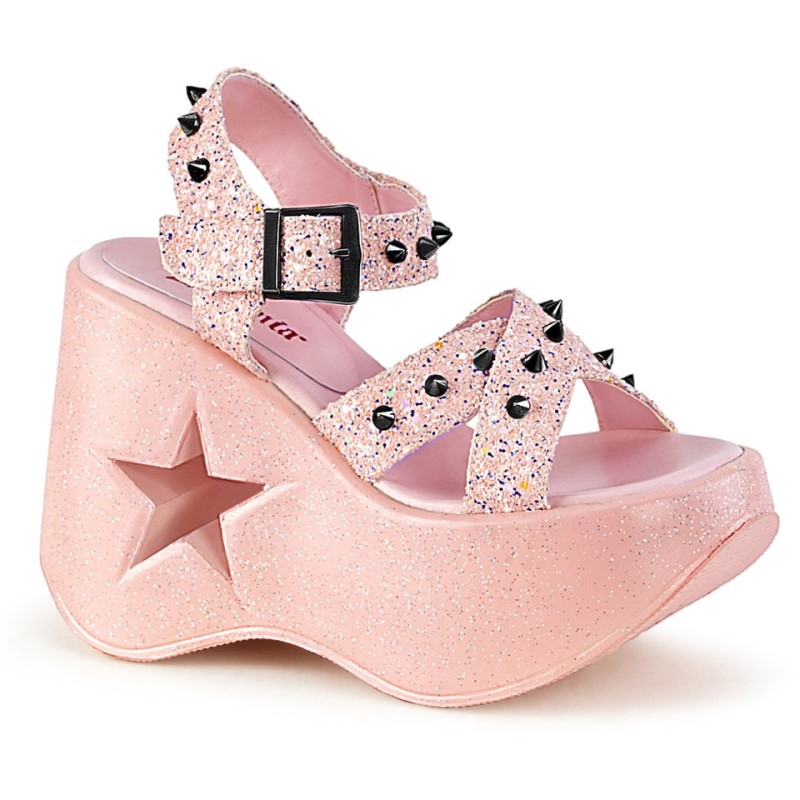 Demonia Dynamite 02 - Star Cutout Platform Wedge Criss Cross Ankle Strap Women Sandals Pink USA | YW0-65186E9