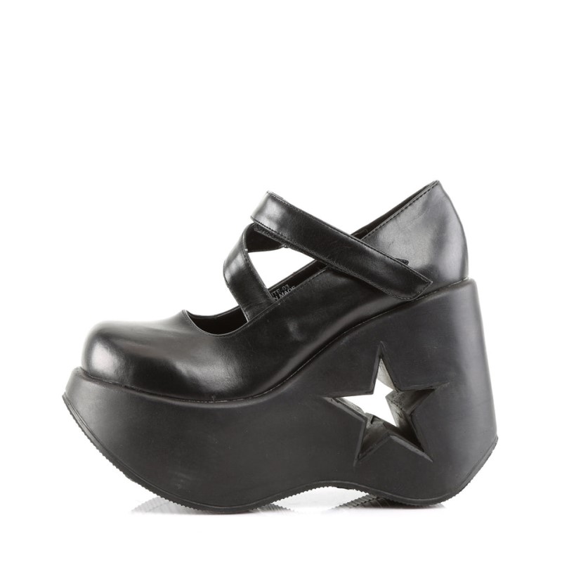 Demonia Dynamite 03 - Wedge Heel Star Cutout Goth Punk Lolita Women Mary Janes Black USA | WE4-66286F9