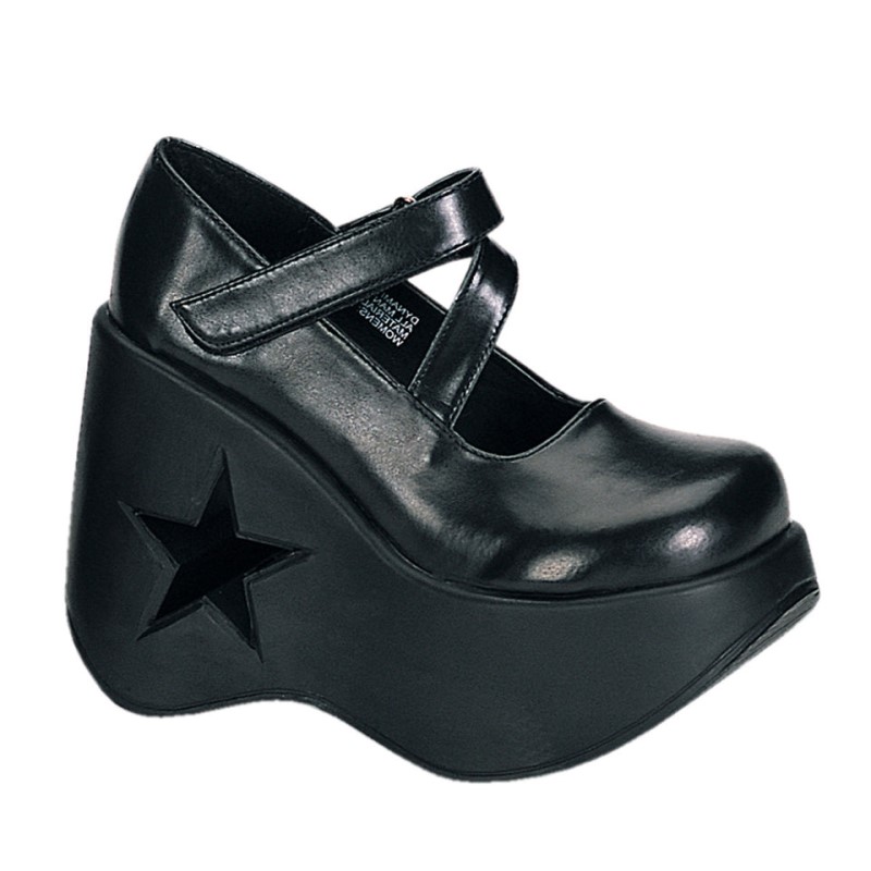 Demonia Dynamite 03 - Wedge Heel Star Cutout Goth Punk Lolita Women Mary Janes Black USA | WE4-66286F9