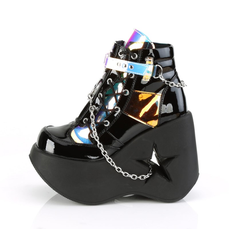 Demonia Dynamite 101 - Star Cutout Platform Wedge Lace Up Women Ankle Boots Black / Black USA | PV0-82058F9